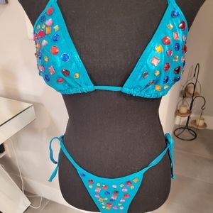Turquoise custom bikini with gems